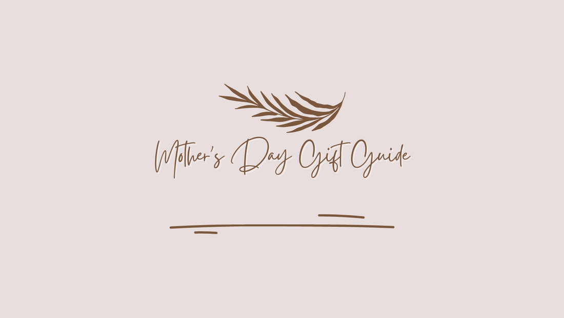 Image is a beige background with an image of a drawn feather and the words "Mother's Day Gift Guide"